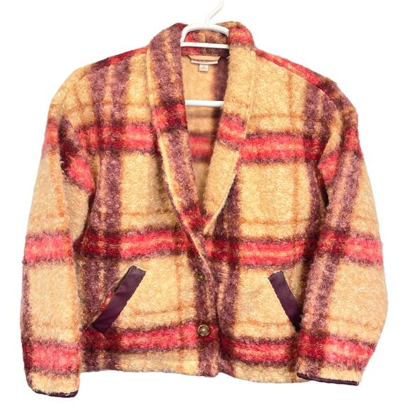 Knox Rose Plaid Teddy Jacket Maroon Tan M Coat Button Front Tweed Lightweight - Picture 1 of 9